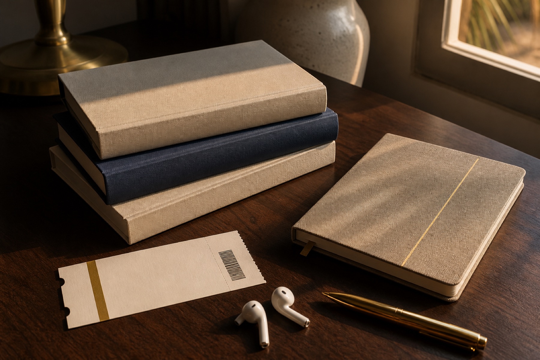 Books, a ticket, and a journal on a desk